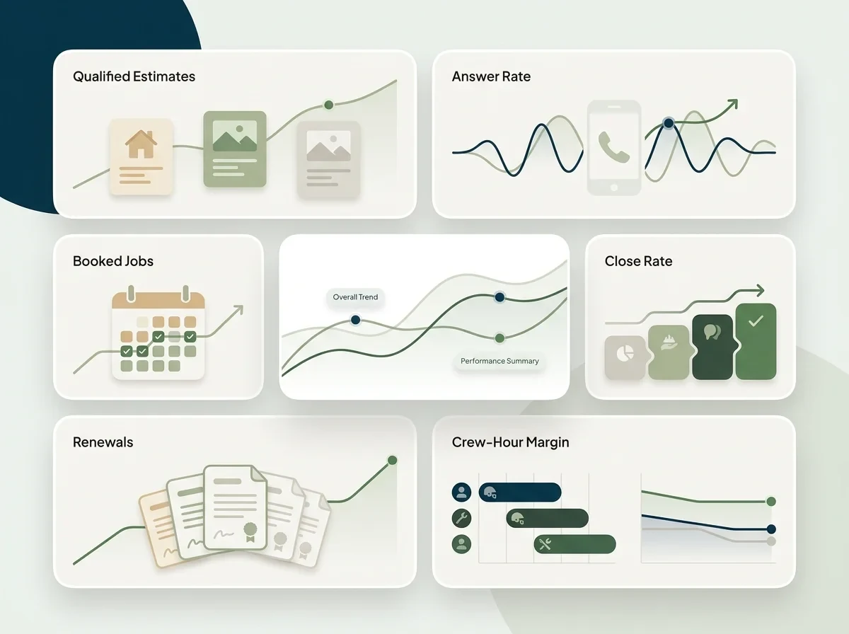Outcome tracking view for estimates, booked jobs, close rate, renewals and gross margin