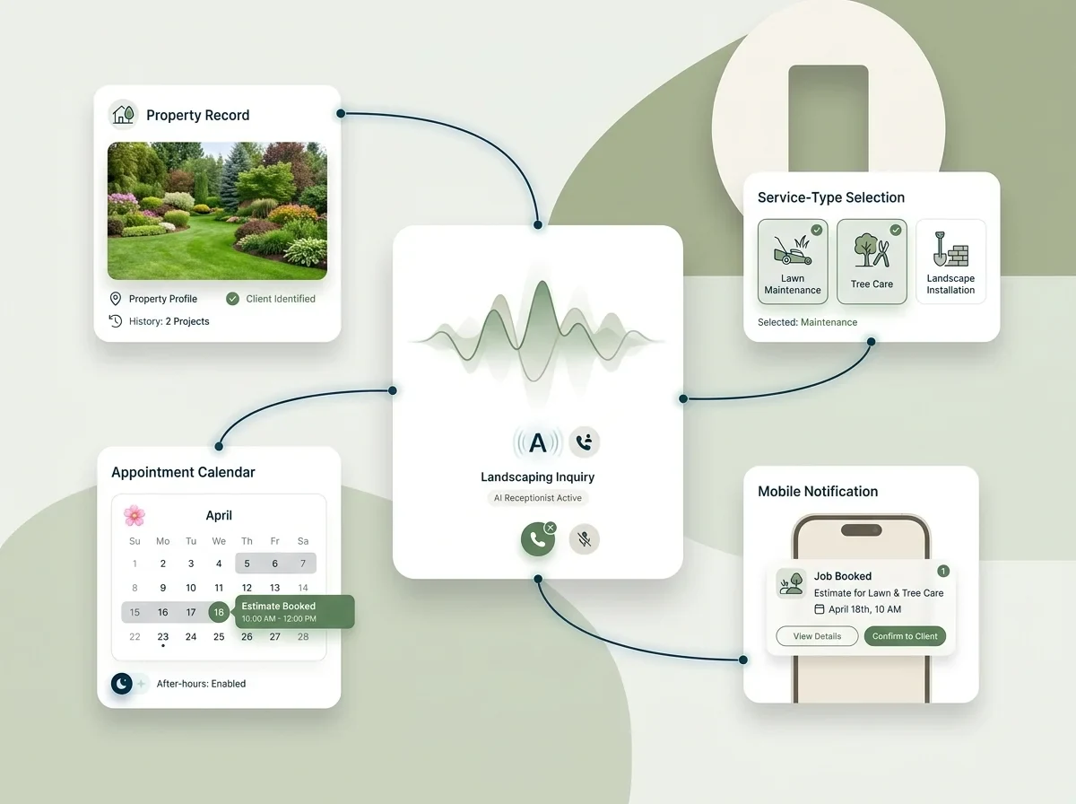 AI receptionist handling a landscaping enquiry, selecting the service type and booking it into the appointment calendar