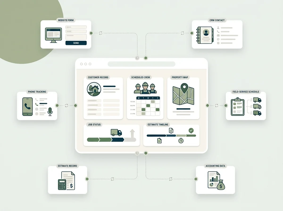 Connected technology stack joining website, CRM, call tracking and field software into one operating view