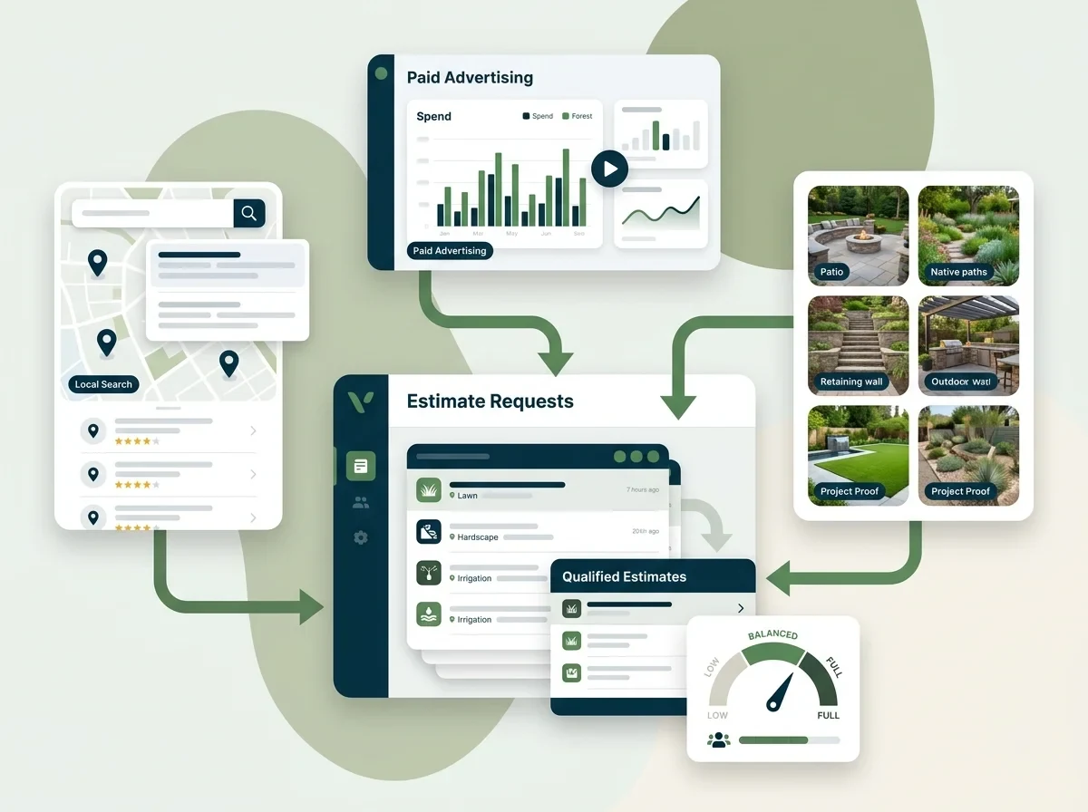 Marketing demand system linking local search, paid media and project proof to qualified estimate requests